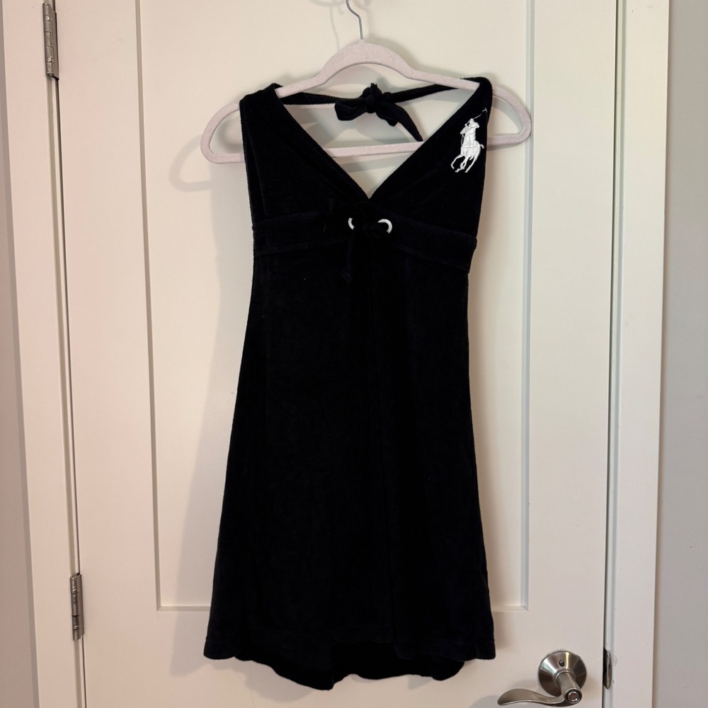 Vintage Ralph Lauren‎ Black Terry Halter Swim Cover Up Dress Big Pony Logo Large